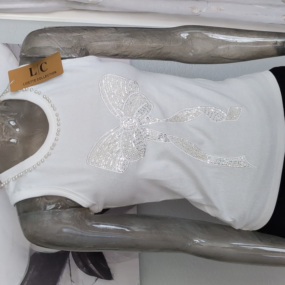 L/C Lizette Collection Faux Pearl / Crystal Embellished Ribbed Tank Large Nwt